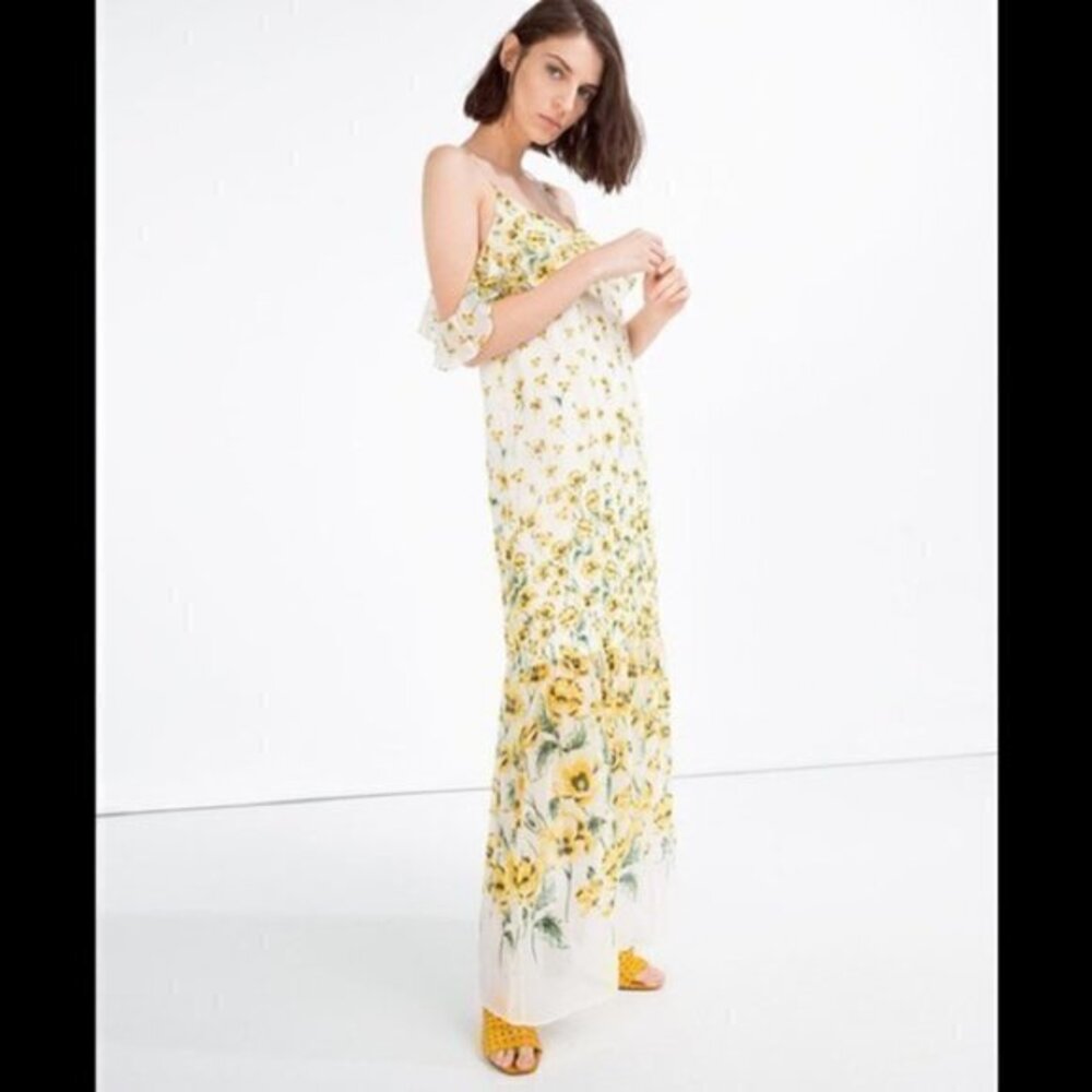 Zara Yellow Floral Print Cold Shoulder Bohemian Maxi Dress Size XS